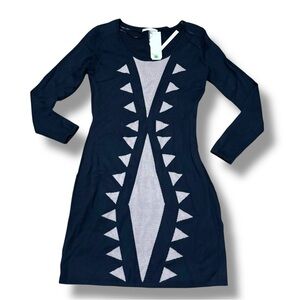NWT Young Threads New York City Taupe Black Geometric Mini Sweater Dress Medium